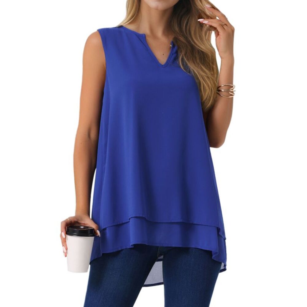Asymmetrical Chiffon V Neck Tank Peplum Double Layer Shirts Royal Blue